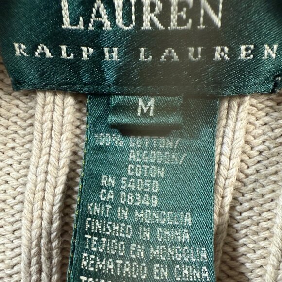 Lauren Ralph Lauren M Beige Rib Knit Cotton Cardigan Sweater Classic Heritage - Picture 6 of 12